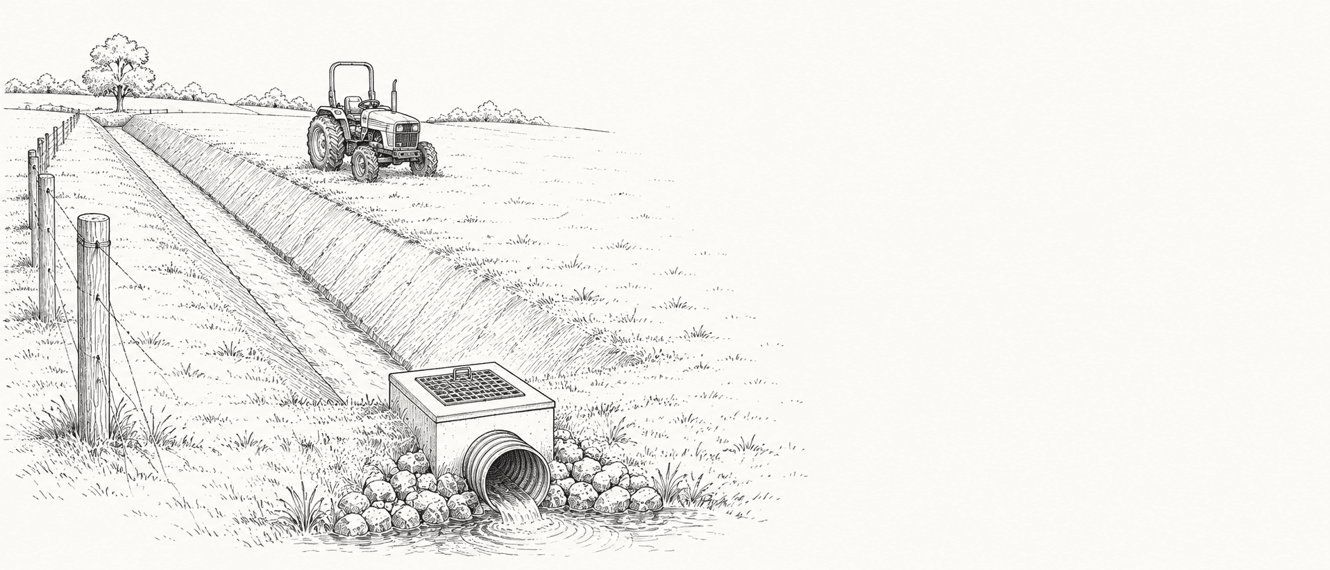 Pen-and-ink illustration of a tractor working alongside a drainage ditch with a culvert headwall in the foreground